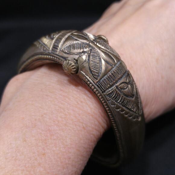 Vintage Tribal Embossed Bracelet w/ Plunger Clasp, Gold Wash, 1940s - Picture 6 of 10